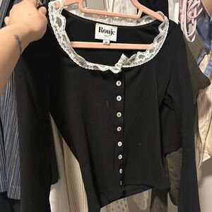 Rouje Black Button-Up Top with White Lace Trim